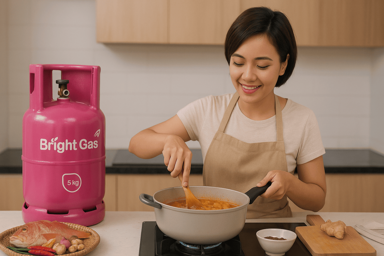 Memasak Gulai Ikan Kakap dengan Menggunakan Bright Gas 5 Kg di dapur modern.