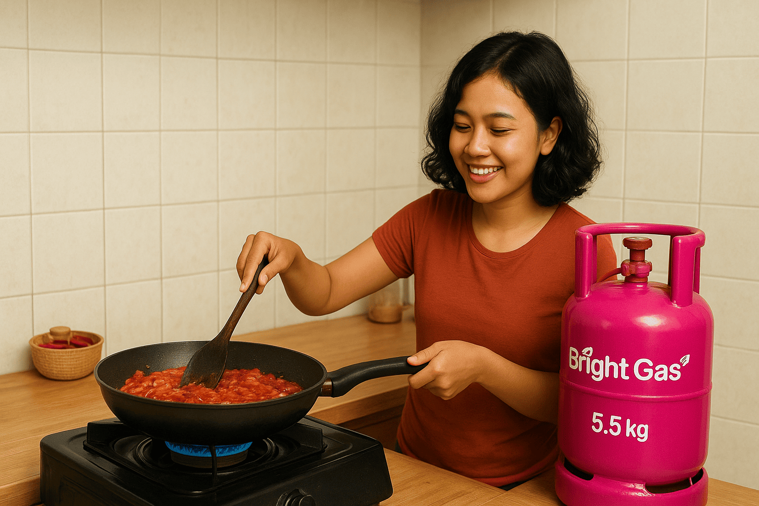 Perempuan muda memasak sambal cumi di wajan menggunakan Bright Gas 5,5 kg di dapur rumah.