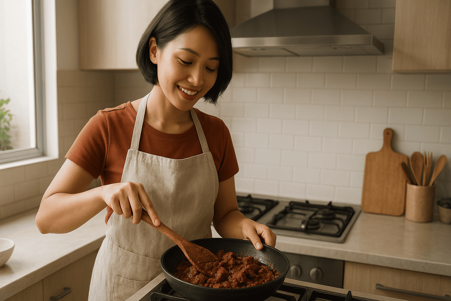 Ibu muda Indonesia sedang memasak bumbu rendang daging sapi sederhana di dapur modern dengan wajah ceria