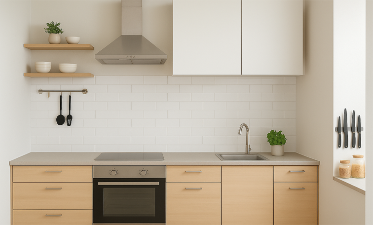 Dapur minimalis modern dengan rak vertikal dan lemari multifungsi untuk penyimpanan rapi.