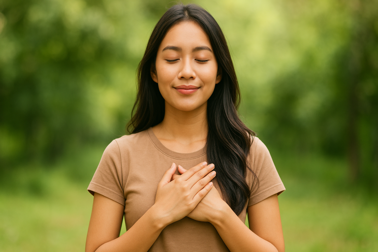 Wanita Indonesia bermeditasi di luar ruangan dengan tangan di dada dan senyum damai sebagai simbol menjaga energi positif.