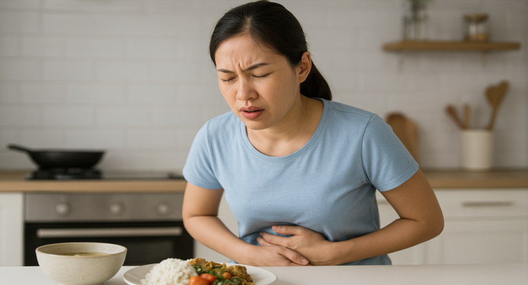Seorang ibu rumah tangga sedang memegangi perutnya di dapur modern setelah mengalami gejala keracunan makanan. Di depannya terdapat sepiring nasi, sayur, dan lauk pauk yang menjadi sumber kontaminasi bakteri. Gambar ini menggambarkan situasi nyata akibat konsumsi makanan yang tidak higienis dan pentingnya menjaga kebersihan dalam pengolahan makanan di rumah.