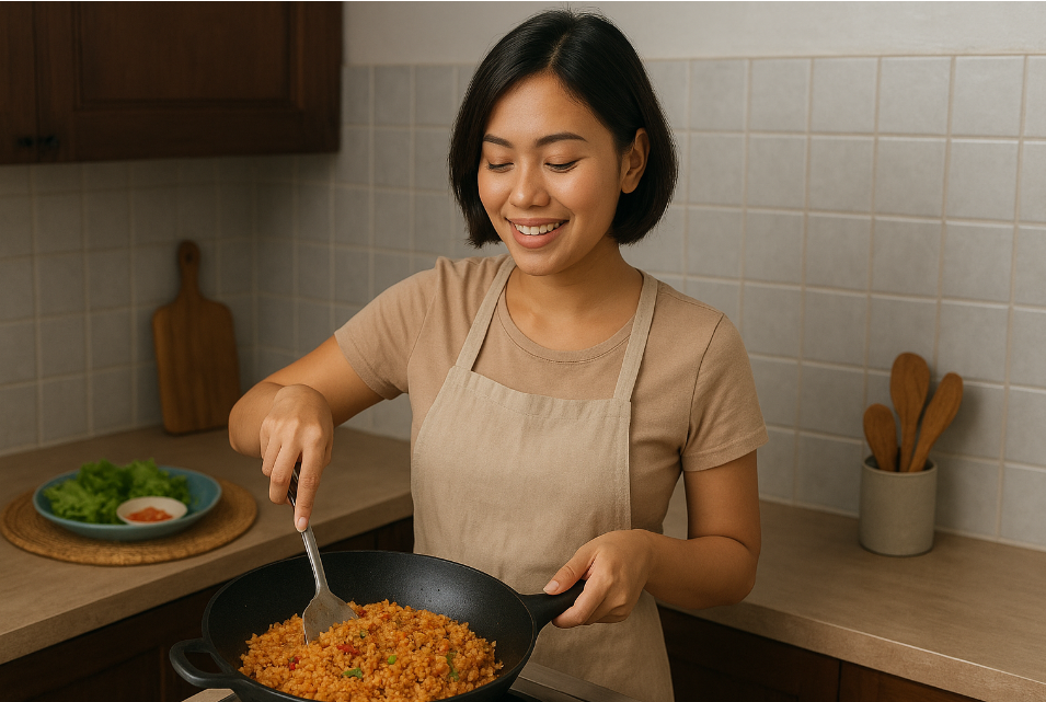Seorang wanita sedang memasak nasi goreng kampung yang gurih dan pedas di dapur sederhana, suasana hangat penuh nostalgia.