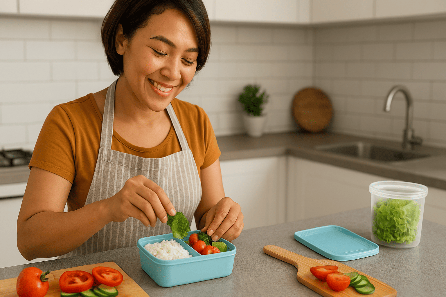 Seorang Ibu sedang memasak dan menyiapkan bekal anak sekolah yang sehat, lezat, dan bergizi. Aktivitas ini menggambarkan perhatian orang tua dalam memastikan asupan nutrisi seimbang agar anak semangat belajar di sekolah.