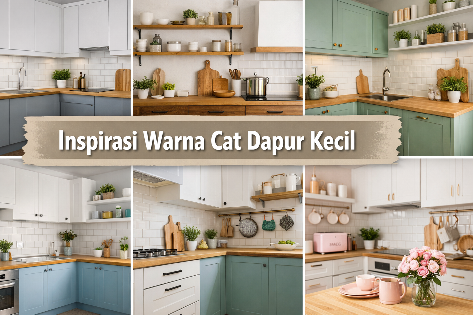 Inspirasi warna cat dapur kecil dengan desain minimalis, warna terang, aksen kayu, dan pencahayaan alami agar dapur terlihat luas dan modern.
