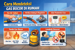Ilustrasi cara mendeteksi gas bocor di rumah menggunakan tes air sabun, pengecekan selang dan regulator gas, alat pendetksi gas, serta langkah darurat saat terjadi kebocoran gas.