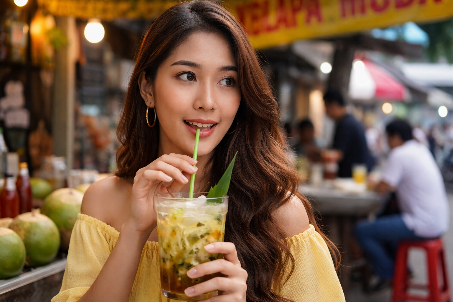 Seorang Wanita sedang menikmati kesegaran Roco Timun, salah satu minuman khas Medan yang populer. Minuman ini terbuat dari perpaduan kelapa muda, mentimun, gula aren, dan daun pandan, mudah ditemukan di warung jalanan kota Medan dan menjadi favorit wisatawan pencinta kuliner lokal.